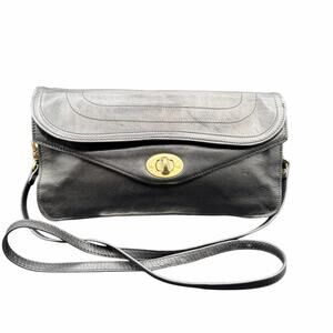 Vintage Sabina Genuine Leather Black Foldover Crossbody Clutch
